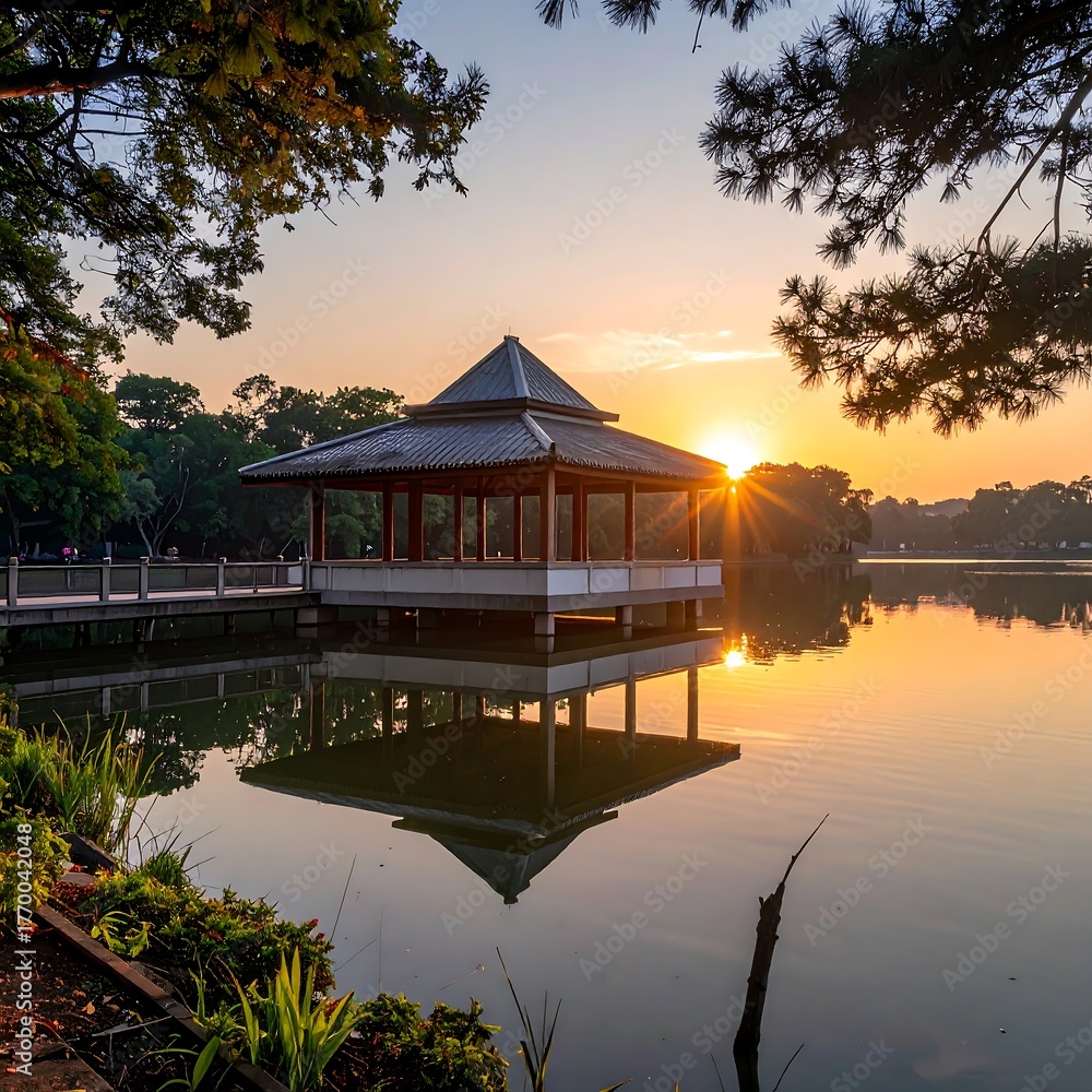 Fototapeta premium A picturesque gazebo at sunset, reflecting in a calm lake
