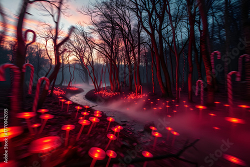 Surreal Halloween candy forest landscape at dusk, with candy canes as trees, caramel rivers, and glowing lollipop flowers