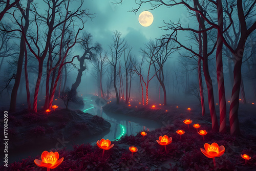 Surreal Halloween candy forest landscape at dusk, with candy canes as trees, caramel rivers, and glowing lollipop flowers
