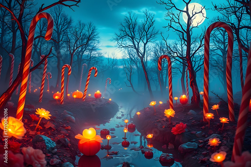 Surreal Halloween candy forest landscape at dusk, with candy canes as trees, caramel rivers, and glowing lollipop flowers