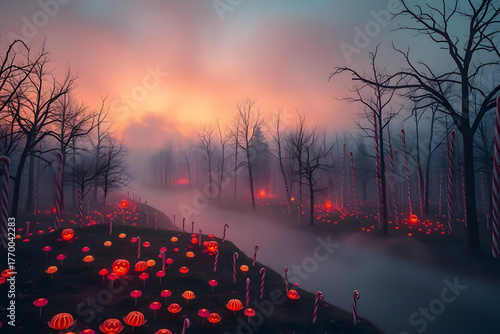 Surreal Halloween candy forest landscape at dusk, with candy canes as trees, caramel rivers, and glowing lollipop flowers