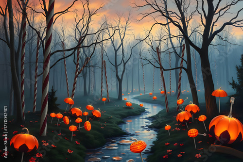 Surreal Halloween candy forest landscape at dusk, with candy canes as trees, caramel rivers, and glowing lollipop flowers