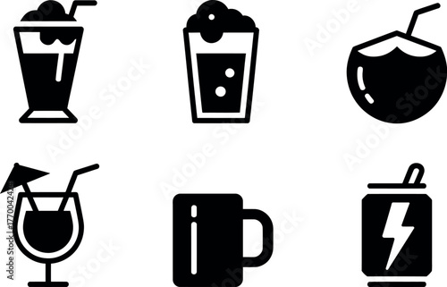 Set of six black and white icons representing various drinks and beverages vector