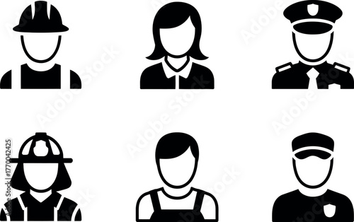 Set of six minimalist icons representing diverse professions in black and white vector
