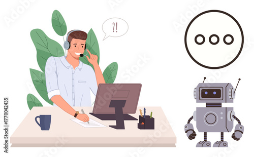 Man wearing a headset working at a desk, talking to a robot assistant. Ideal for technology, AI, communication, automation, teamwork, customer support productivity. Simple flat metaphor