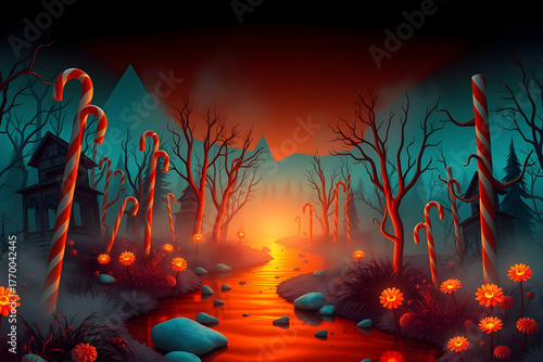 Surreal Halloween candy forest landscape at dusk, with candy canes as trees, caramel rivers, and glowing lollipop flowers