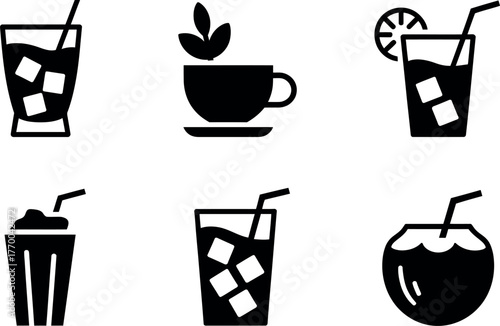 Minimalist black and white icons representing refreshing beverages and hot drinks vector