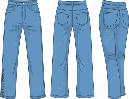 CAD streetwear flat vector illustration, blue denim jeans front back side view, fashion design template, garment construction, apparel mockup, clothing sketch