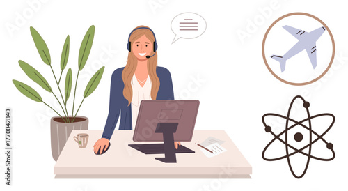 Woman wearing headset working at desk with computer and documents, alongside plant, airplane icon, and atom diagram. Ideal for technology, customer service, communication, science, education