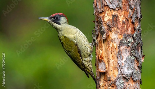 A vibrantly colored woodpecker clings to the side of a tree trunk