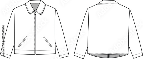 CAD drawing flat vector illustration of front and back jacket design, technical fashion sketch, outerwear template, coat mockup, zipper jacket