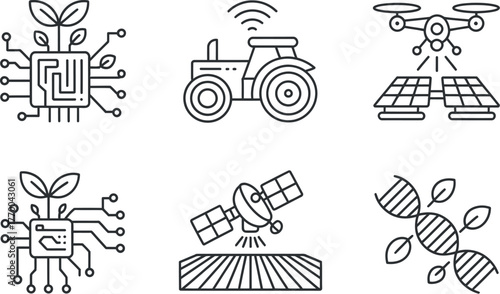 Set of six black and white line art icons representing smart agriculture and technology concepts vector