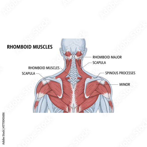 Poster of the Rhomboid Muscles and Scapula Anatomy in the Human Back with Labels