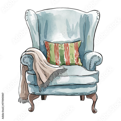 Cozy watercolor armchair illustration with plaid pillow and blanket Hand drawn comfortable furniture painting isolated