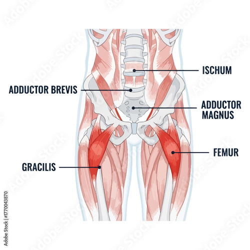 Anatomical Illustration of Human Hip Muscles Showing Adductor Brevis Adductor Magnus Gracilis Femur and Ischium