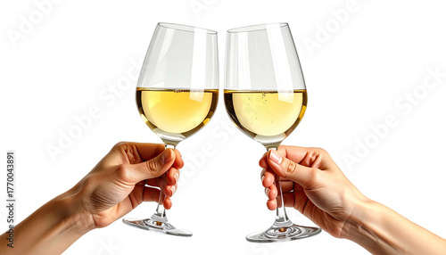Two hands clinking crystal glasses filled with white wine