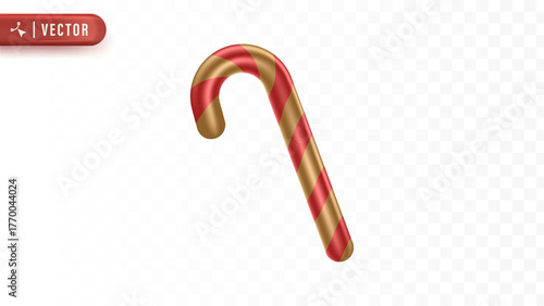 Sweet striped candy cane in red and gold color symbolizing traditional Christmas treat and festive holiday celebration icon design. Christmas 3D Element