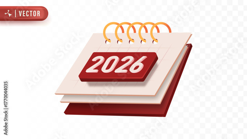 Creative 3D calendar page showing number 2026 representing new year countdown and holiday time change for seasonal greeting designs. Christmas 3D Element