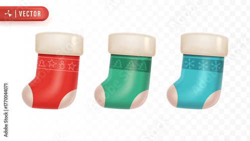 Festive Christmas stockings in red, green, and blue colors decorated with patterns representing holiday gifts and cheerful winter spirit. Christmas 3D Element