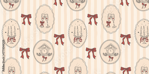 Festive elegance in frames champagne, candelabra, and bows. A minimalist, retro, vintage, hand-drawn Christmas seamless pattern.