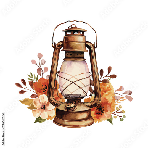 Aged metal hurricane lamp surrounded by warm autumnal flowers floral arrangement watercolor vintage illustration