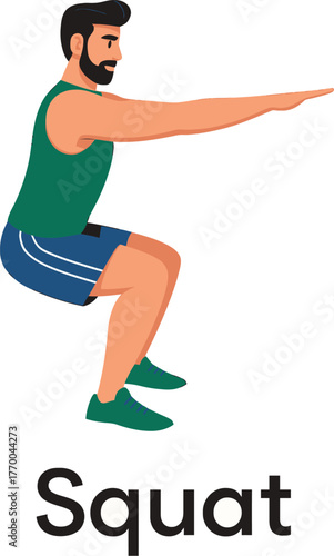 Vector Illustration of a Bearded Man Performing a Squat Exercise, Demonstrating Proper Form for a Leg and Glute Workout.