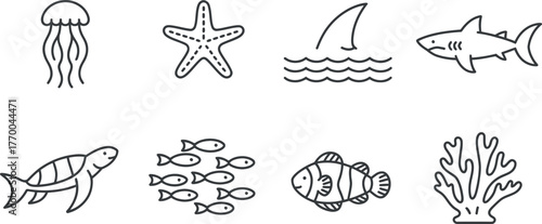 Set of eight simple outline marine life icons featuring ocean creatures and coral reef elements vector