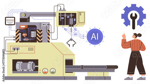 Advanced robotic machine with conveyor belt, AI interface, and supervised operation. Ideal for automation, AI, innovation, manufacturing, industry robotics future technology. Simple flat metaphor