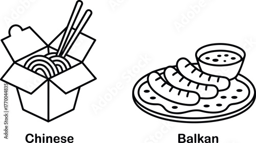Minimalist line art depicting chinese noodles and balkan sausages as cultural food icons vector