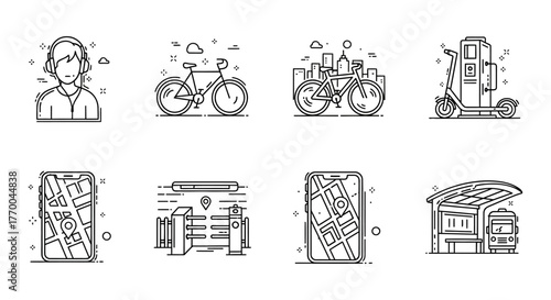 urban mobility line icons illustrating smart city concepts micromobility digital navigation and public transportation services.