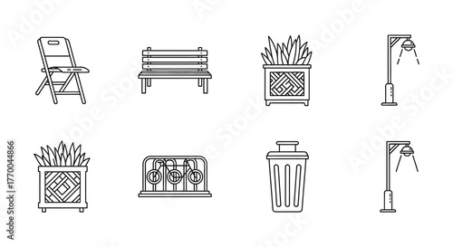 vector line icons set of urban park and street furniture with benches planters street lamps and bike racks for graphic design projects.