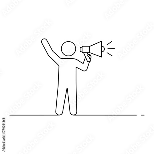 Abstract single line drawing of a person holding a megaphone raising one arm in a gesture of announcement or protest