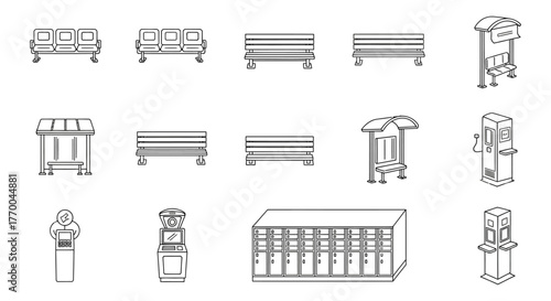 vector outline icon set of public urban infrastructure bus stops street furniture benches and automated kiosks for city design.
