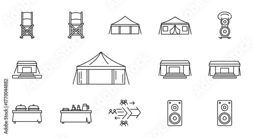 vector outline event planning icons set with chairs tents stages speakers and catering symbols for event designs.