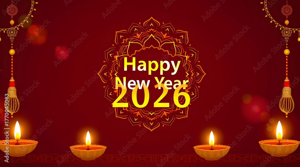 Naklejka premium Happy New Year 2026 background featuring golden mandala, red lanterns, and glowing diyas evoking warmth and spiritual light. 