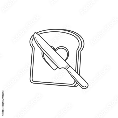 Hand drawn sketch of a knife spreading butter on a slice of bread with a heart shape cut out, simple line art.
