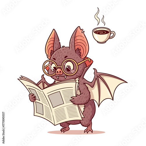 Funny bat reading newspaper with morning coffee in bright cartoon style