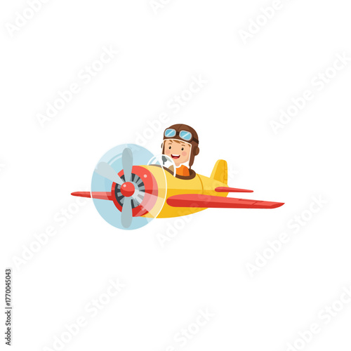 Adorable Cartoon Pilot Child Flying a Yellow Biplane with Red Wings and Propeller, Wearing Goggles and Helmet