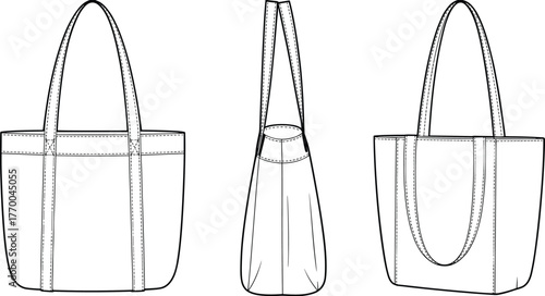 CAD drawing flat vector illustration, fashion technical sketch of tote bag, handbag, and shopper bag design for accessory industry