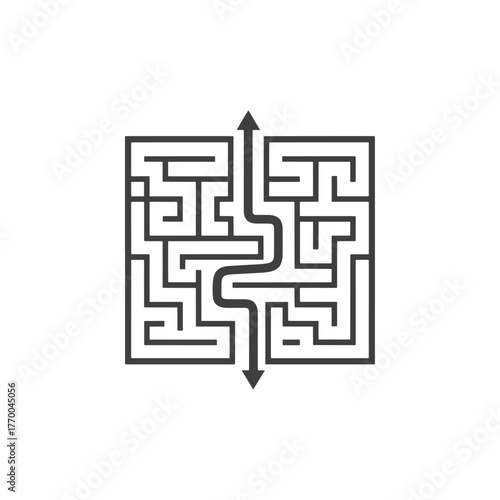 Black and white maze graphic with a clear path highlighted by arrows indicating direction of movement from bottom to top.