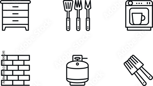 Set of six minimalist line art icons for kitchenware home goods and construction elements vector