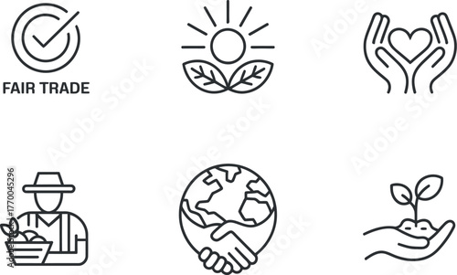 Set of six minimalist line art icons representing sustainability fair trade and organic farming vector