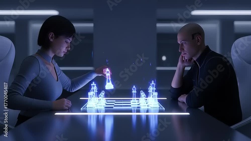 Strategic minds clash over a sophisticated holographic chess board, exploring the evolving dynamics of artificial intelligence and human intellect in a cutting-edge futuristic environment