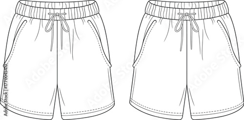 CAD drawing flat vector illustration, fashion technical sketch of elastic waist shorts, casual drawstring shorts template, sewing clothing design vector