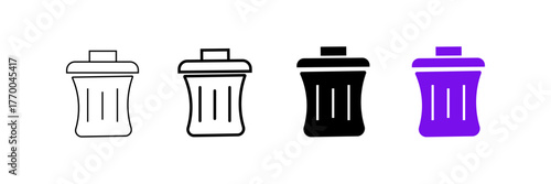 Set of minimalist trash can icons with transparent background, depicting delete symbols, rubbish bins, and waste management controls, vector illustration