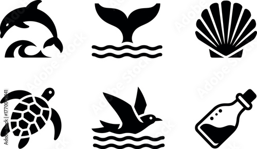 Set of six minimalist black and white ocean life icons dolphin turtle shell bird bottle vector