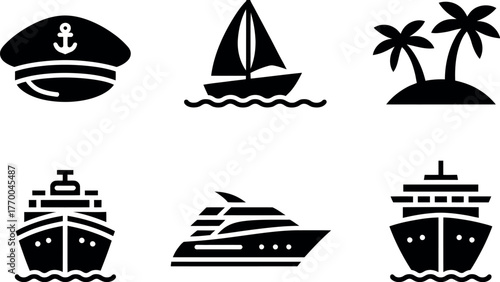 Collection of six nautical icons featuring ships boats palm trees and captains hat silhouette symbols vector