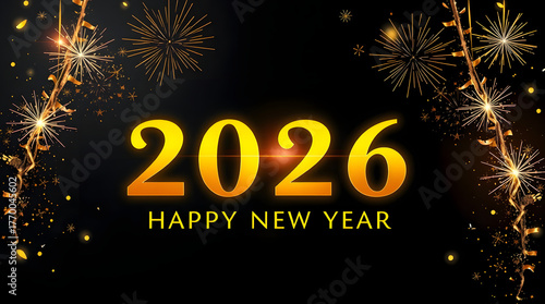 Happy New Year background featuring glowing golden 2026 typography on black, surrounded by delicate fireworks and festive sparks.
