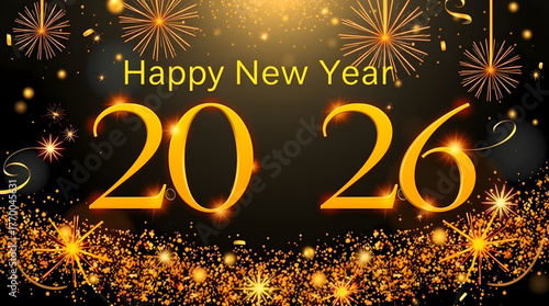 Happy New Year background featuring glowing golden 2026 typography, sparkling fireworks, and luxurious glitter stars in dark elegance.

