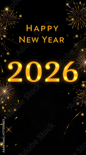 Happy New Year background with golden fireworks, fairy lights, and luminous 2026 typography creating radiant festive ambiance.
